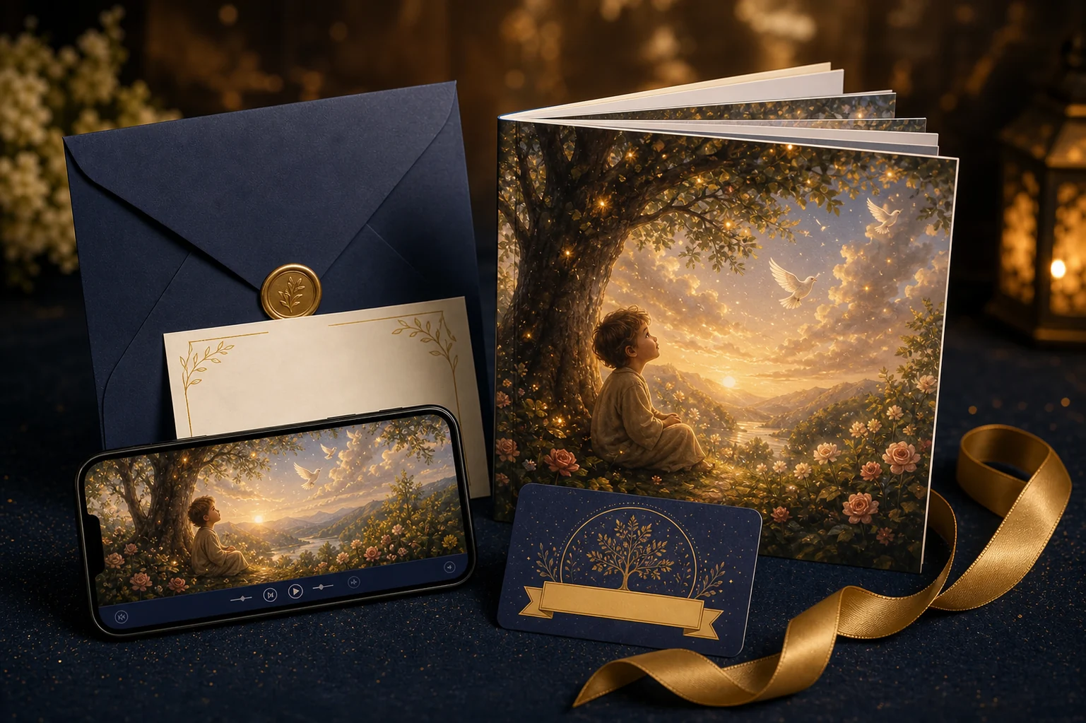A complete Blessed Fables gift with softcover book, invitation, gift card, and online reader